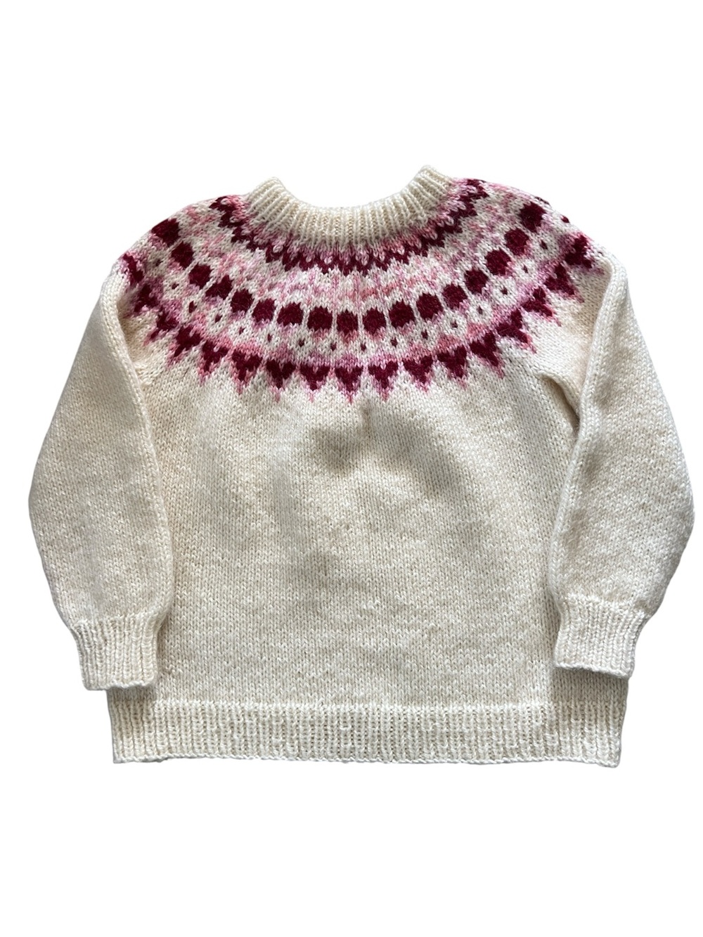 Fair Isle Nordic Hand Knit Wool Sweater Cream & Berry Women’s Size Medium